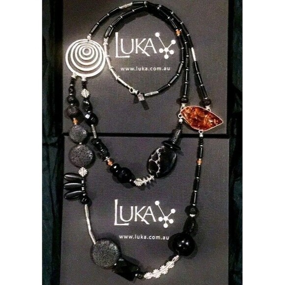 ONE Of A KIND Silver Amber Onyx Lava Statement Asymmetrical Necklace LUKA Design - Picture 5 of 5